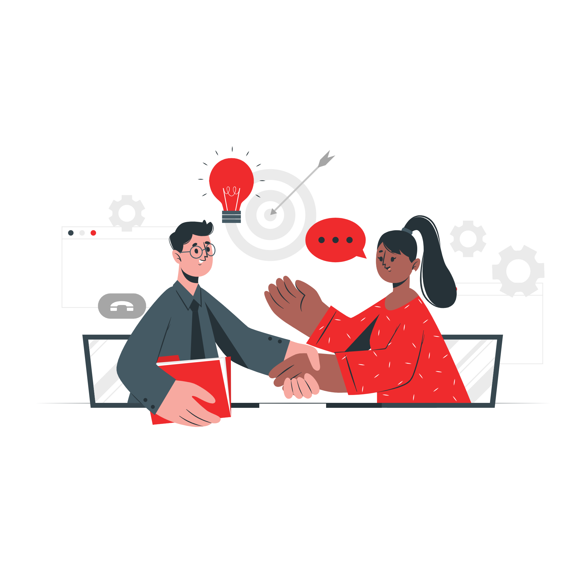 Illustration of two people shaking hands between laptop screens under a lightbulb