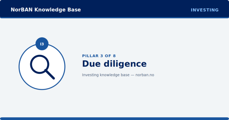 Branded NorBAN Knowledge Base featured image for the Investing track, pillar 3 of 8: Due diligence. Navy header band reading 'NorBAN Knowledge Base' with the 'INVESTING' track eyebrow, a circular icon medallion in the NorBAN blue track accent colour with the pillar code I3, the pillar title, and a thin NorBAN blue accent rule top and bottom.