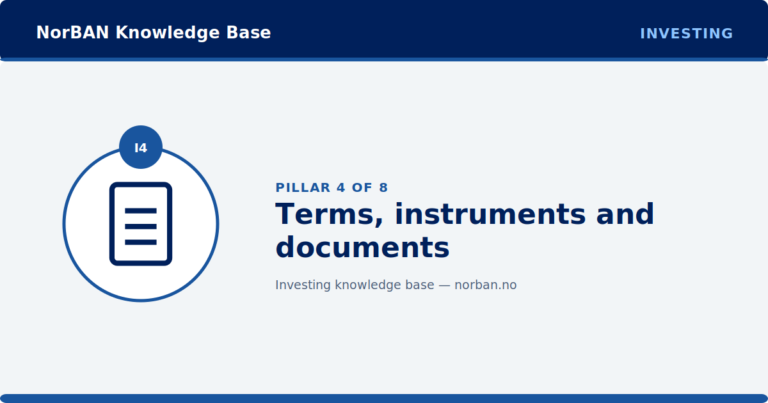 Branded NorBAN Knowledge Base featured image for the Investing track, pillar 4 of 8: Terms, instruments and documents. Navy header band reading 'NorBAN Knowledge Base' with the 'INVESTING' track eyebrow, a circular icon medallion in the NorBAN blue track accent colour with the pillar code I4, the pillar title, and a thin NorBAN blue accent rule top and bottom.