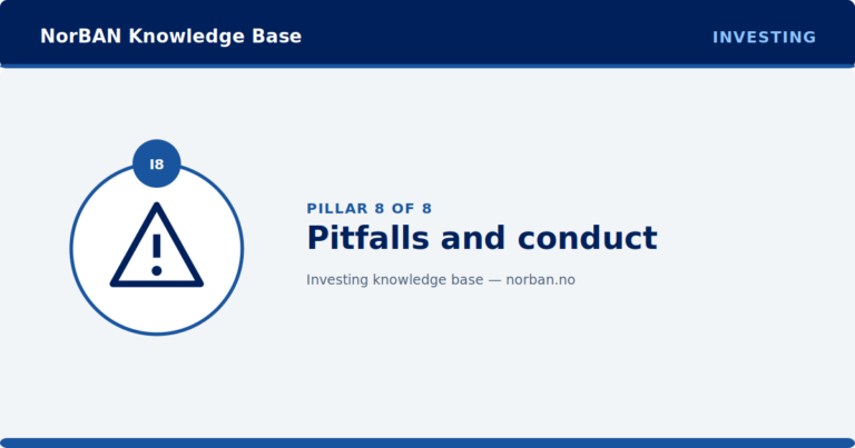 Branded NorBAN Knowledge Base featured image for the Investing track, pillar 8 of 8: Pitfalls and conduct. Navy header band reading 'NorBAN Knowledge Base' with the 'INVESTING' track eyebrow, a circular icon medallion in the NorBAN blue track accent colour with the pillar code I8, the pillar title, and a thin NorBAN blue accent rule top and bottom.