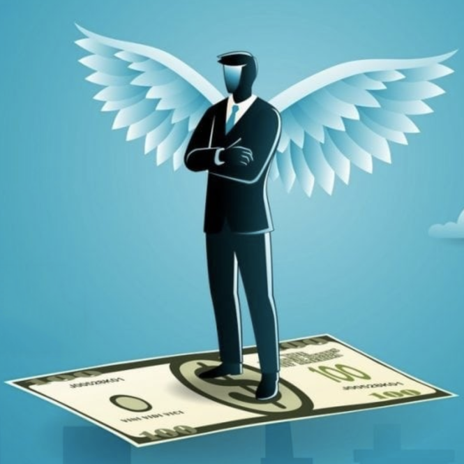 Illustration of a business angel with wings standing on a banknote