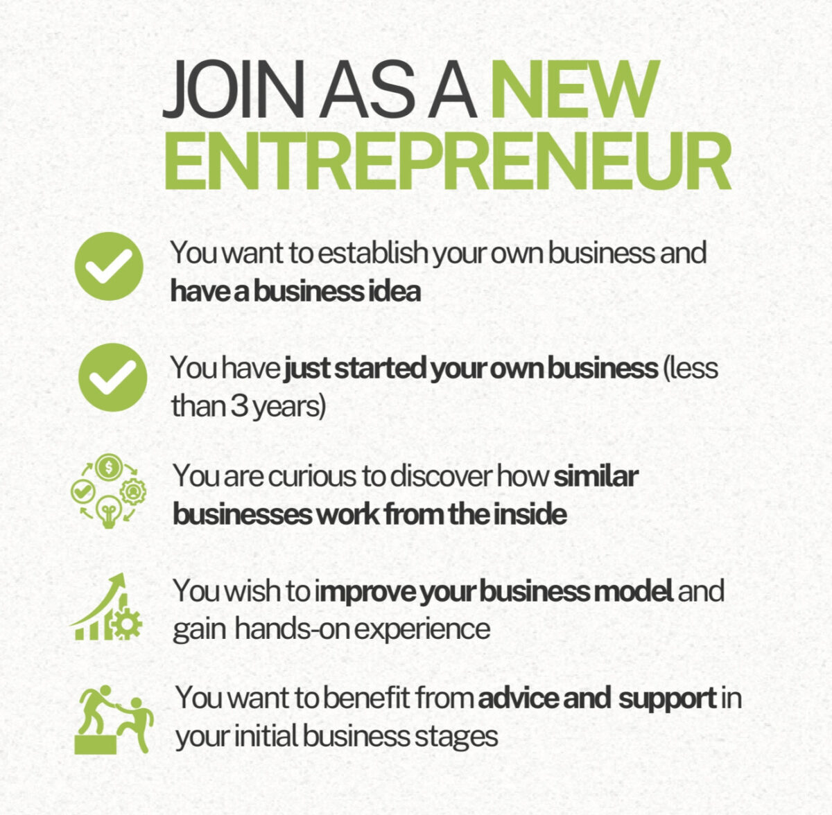 Join as a new entrepreneur: criteria