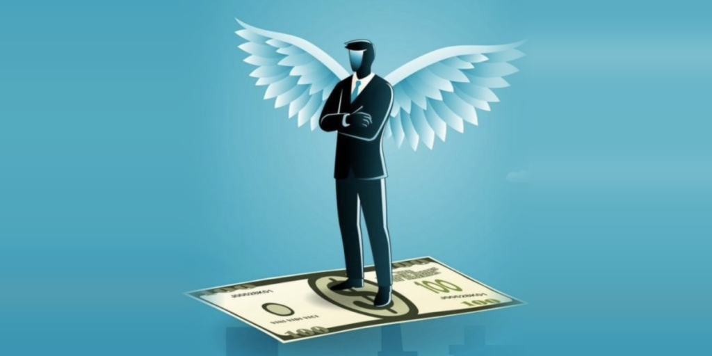 Illustration of a business angel with wings standing on a banknote