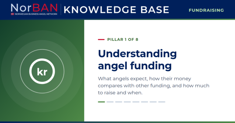 Featured image for the Fundraising track of the NorBAN Knowledge Base, pillar 1 of 8: Understanding angel funding. What angels expect, how their money compares with other funding, and how much to raise and when. The Knowledge Base logo sits in the navy header band, the pillar icon in white on a green panel to the left.