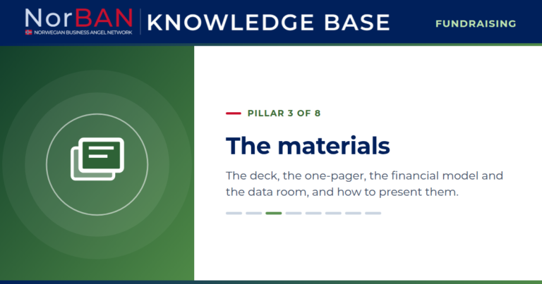 Featured image for the Fundraising track of the NorBAN Knowledge Base, pillar 3 of 8: The materials. The deck, the one-pager, the financial model and the data room, and how to present them. The Knowledge Base logo sits in the navy header band, the pillar icon in white on a green panel to the left.