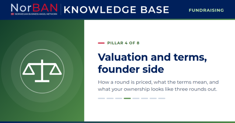 Featured image for the Fundraising track of the NorBAN Knowledge Base, pillar 4 of 8: Valuation and terms, founder side. How a round is priced, what the terms mean, and what your ownership looks like three rounds out. The Knowledge Base logo sits in the navy header band, the pillar icon in white on a green panel to the left.