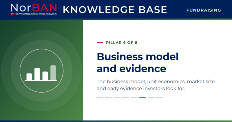 Featured image for the Fundraising track of the NorBAN Knowledge Base, pillar 6 of 8: Business model and evidence. The business model, unit economics, market size and early evidence investors look for. The Knowledge Base logo sits in the navy header band, the pillar icon in white on a green panel to the left.