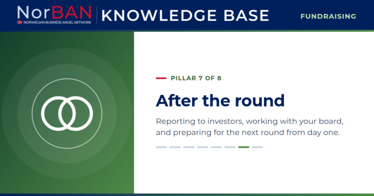 Featured image for the Fundraising track of the NorBAN Knowledge Base, pillar 7 of 8: After the round. Reporting to investors, working with your board, and preparing for the next round from day one. The Knowledge Base logo sits in the navy header band, the pillar icon in white on a green panel to the left.