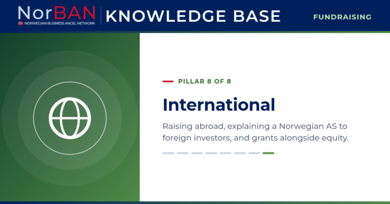 Featured image for the Fundraising track of the NorBAN Knowledge Base, pillar 8 of 8: International. Raising abroad, explaining a Norwegian AS to foreign investors, and grants alongside equity. The Knowledge Base logo sits in the navy header band, the pillar icon in white on a green panel to the left.