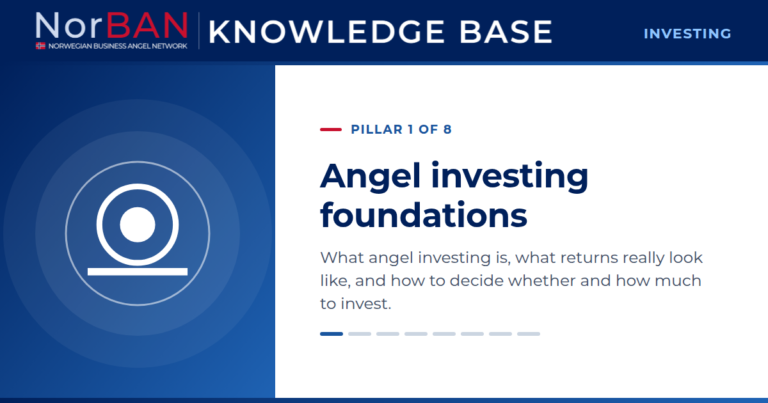 Featured image for the Investing track of the NorBAN Knowledge Base, pillar 1 of 8: Angel investing foundations. What angel investing is, what returns really look like, and how to decide whether and how much to invest. The Knowledge Base logo sits in the navy header band, the pillar icon in white on a blue panel to the left.