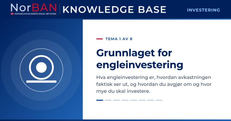 Artikkelbilde for kunnskapsbasens investeringsdel, tema 1 av 8: Grunnlaget for engleinvestering. Hva engleinvestering er, hvordan avkastningen faktisk ser ut, og hvordan du avgjør om og hvor mye du skal investere. Kunnskapsbasens logo står i det mørkeblå toppfeltet, og temaikonet står i hvitt på et blått felt til venstre.