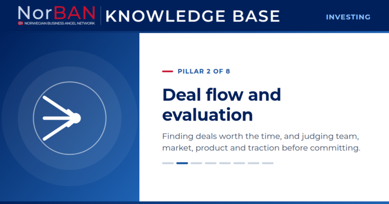 Featured image for the Investing track of the NorBAN Knowledge Base, pillar 2 of 8: Deal flow and evaluation. Finding deals worth the time, and judging team, market, product and traction before committing. The Knowledge Base logo sits in the navy header band, the pillar icon in white on a blue panel to the left.