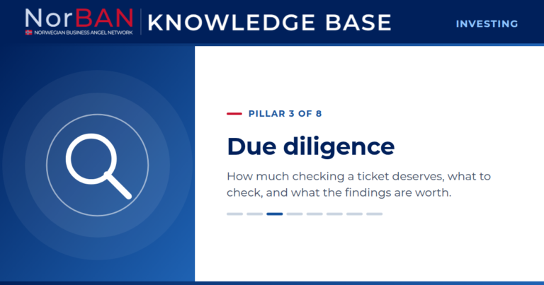 Featured image for the Investing track of the NorBAN Knowledge Base, pillar 3 of 8: Due diligence. How much checking a ticket deserves, what to check, and what the findings are worth. The Knowledge Base logo sits in the navy header band, the pillar icon in white on a blue panel to the left.
