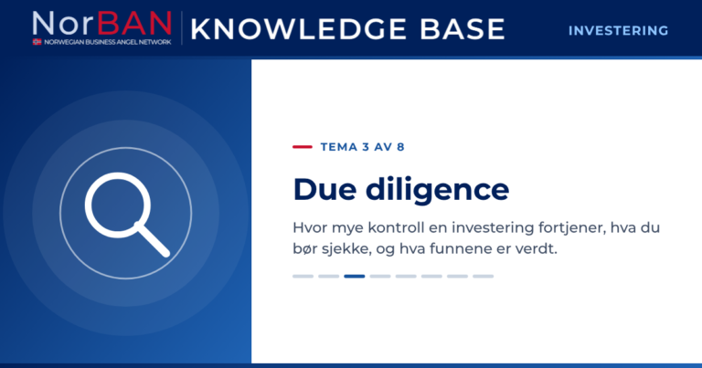 Artikkelbilde for kunnskapsbasens investeringsdel, tema 3 av 8: Due diligence. Hvor mye kontroll en investering fortjener, hva du bør sjekke, og hva funnene er verdt. Kunnskapsbasens logo står i det mørkeblå toppfeltet, og temaikonet står i hvitt på et blått felt til venstre.