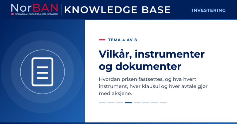 Artikkelbilde for kunnskapsbasens investeringsdel, tema 4 av 8: Vilkår, instrumenter og dokumenter. Hvordan prisen fastsettes, og hva hvert instrument, hver klausul og hver avtale gjør med aksjene. Kunnskapsbasens logo står i det mørkeblå toppfeltet, og temaikonet står i hvitt på et blått felt til venstre.