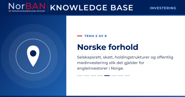 Artikkelbilde for kunnskapsbasens investeringsdel, tema 5 av 8: Norske forhold. Selskapsrett, skatt, holdingstrukturer og offentlig medinvestering slik det gjelder for engleinvestorer i Norge. Kunnskapsbasens logo står i det mørkeblå toppfeltet, og temaikonet står i hvitt på et blått felt til venstre.