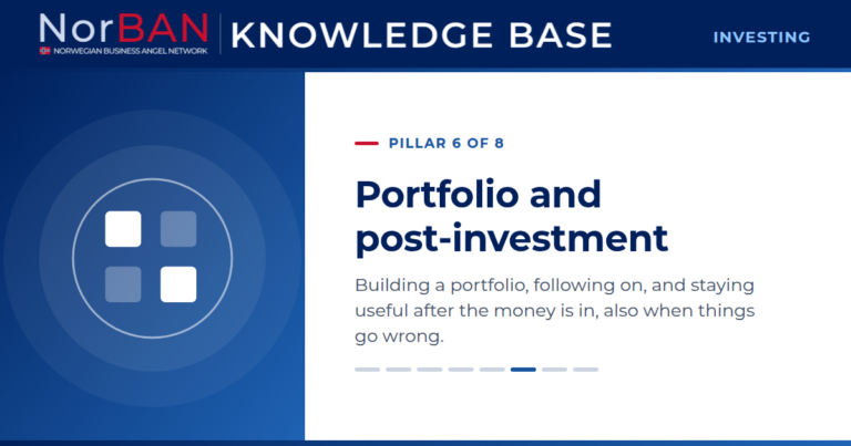 Featured image for the Investing track of the NorBAN Knowledge Base, pillar 6 of 8: Portfolio and post-investment. Building a portfolio, following on, and staying useful after the money is in, also when things go wrong. The Knowledge Base logo sits in the navy header band, the pillar icon in white on a blue panel to the left.