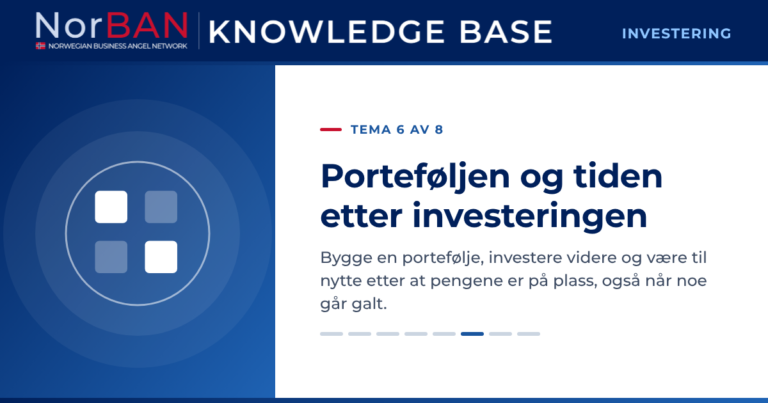 Artikkelbilde for kunnskapsbasens investeringsdel, tema 6 av 8: Porteføljen og tiden etter investeringen. Bygge en portefølje, investere videre og være til nytte etter at pengene er på plass, også når noe går galt. Kunnskapsbasens logo står i det mørkeblå toppfeltet, og temaikonet står i hvitt på et blått felt til venstre.