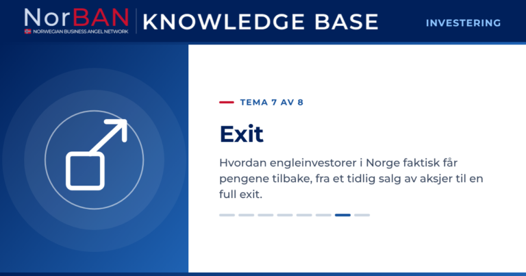 Artikkelbilde for kunnskapsbasens investeringsdel, tema 7 av 8: Exit. Hvordan engleinvestorer i Norge faktisk får pengene tilbake, fra et tidlig salg av aksjer til en full exit. Kunnskapsbasens logo står i det mørkeblå toppfeltet, og temaikonet står i hvitt på et blått felt til venstre.