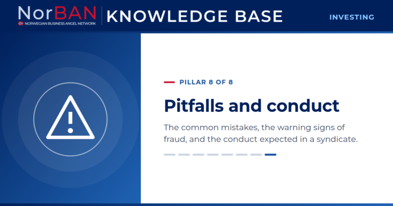 Featured image for the Investing track of the NorBAN Knowledge Base, pillar 8 of 8: Pitfalls and conduct. The common mistakes, the warning signs of fraud, and the conduct expected in a syndicate. The Knowledge Base logo sits in the navy header band, the pillar icon in white on a blue panel to the left.